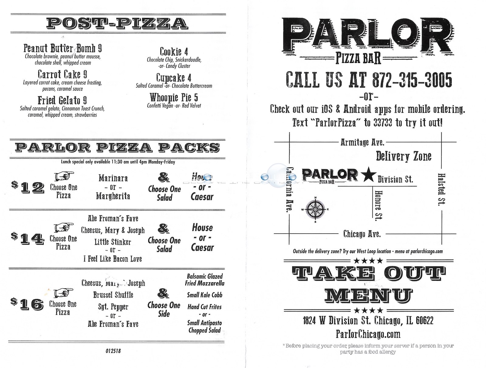 Parlor Pizza Chicago Menu (Scanned Menu With Prices)